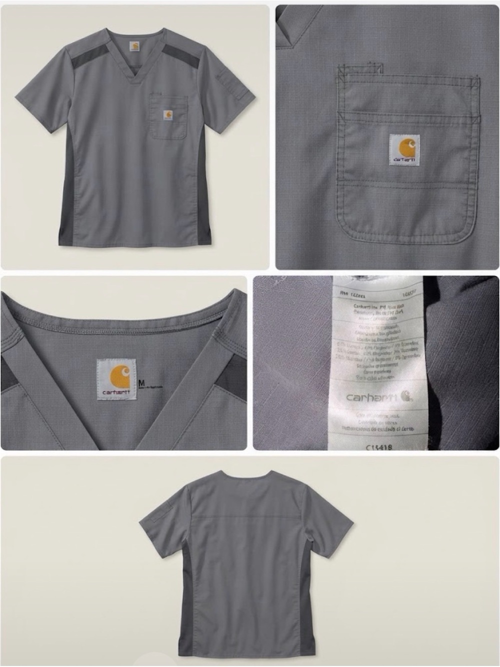 Carhartt Men's Gray Short-Sleeve V-Neck Scrub Top Tee with Pocket